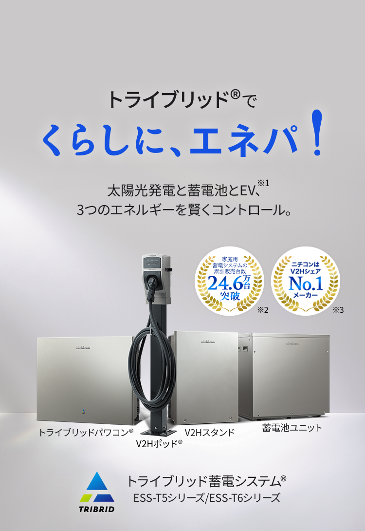トライブリッド®でくらしに、エネパ!太陽光発電と蓄電池とEV、3つのエネルギーを賢くコントロール。